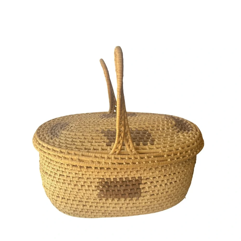Vintage Large Handwoven Straw Basket with Lid Oval Wicker Storage Tan Brown